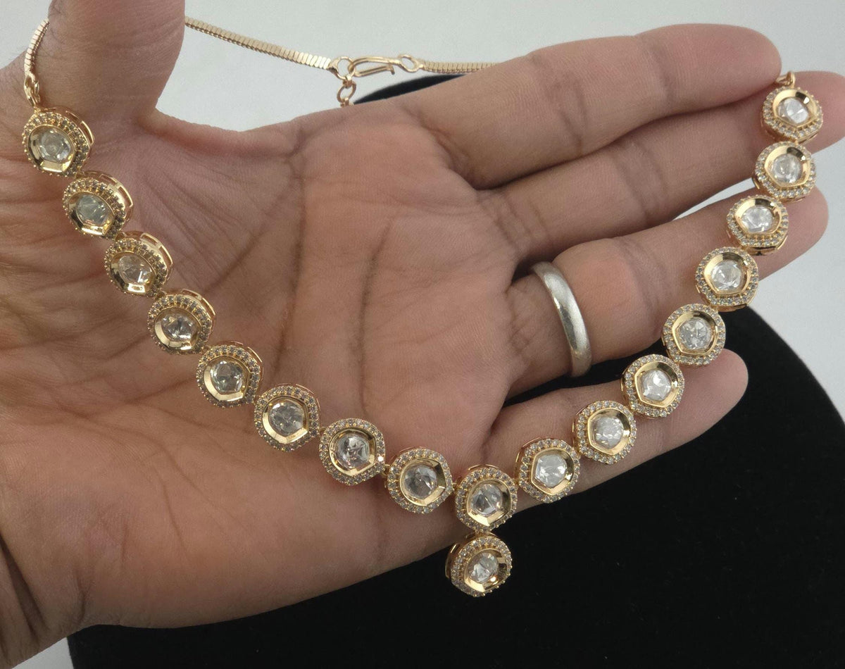 Polki CZ Graduated V-Necklace & Triple Drop Earring Set – Safaa