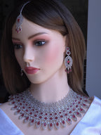 Ruby CZ Multi-Row Bib Choker, Marquise Drop Earring & Maang Tikka Bridal Set – Laali