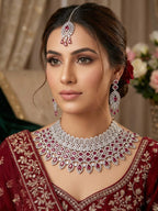Ruby CZ Multi-Row Bib Choker, Marquise Drop Earring & Maang Tikka Bridal Set – Laali