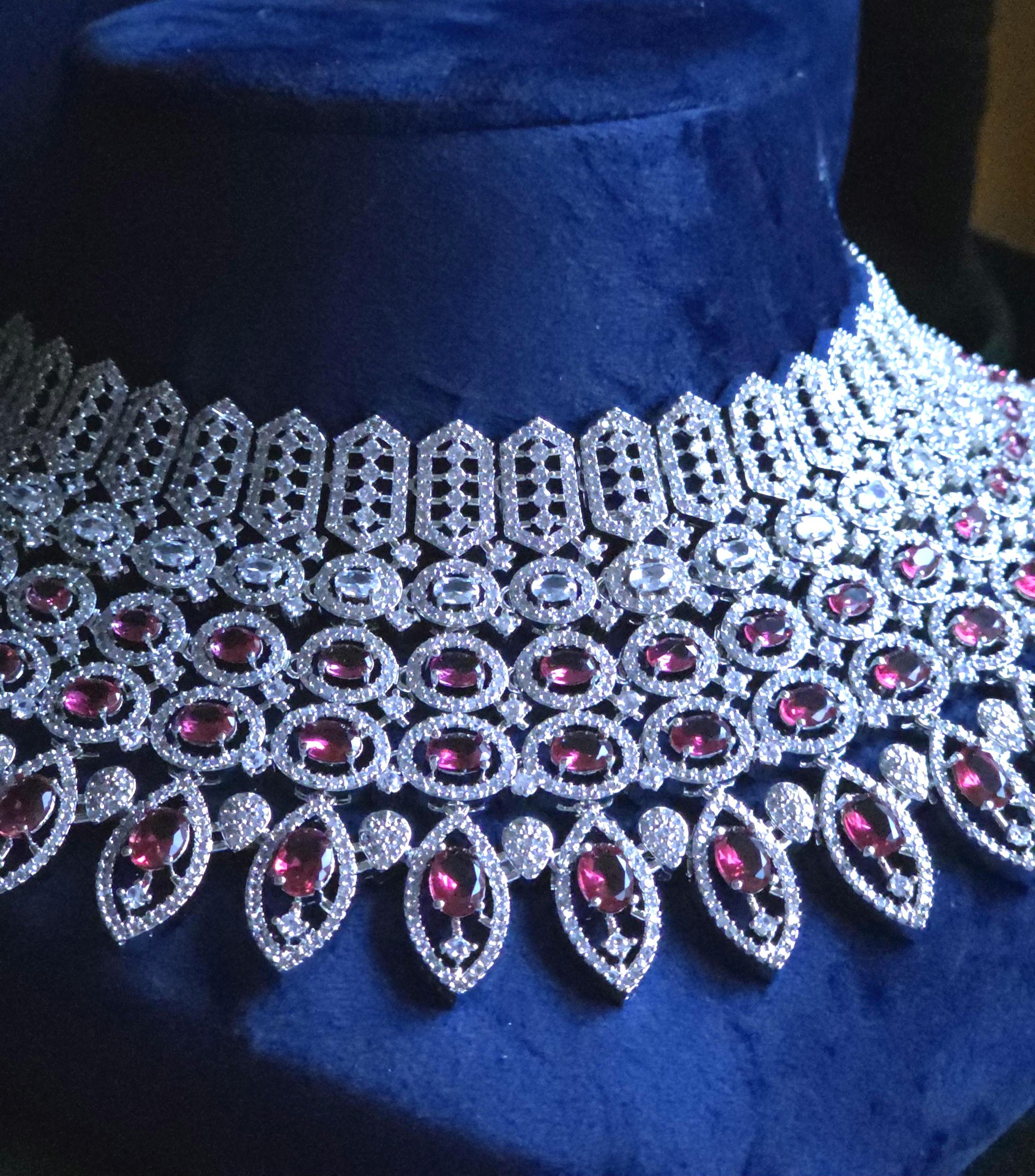 Ruby CZ Multi-Row Bib Choker, Marquise Drop Earring & Maang Tikka Bridal Set – Laali