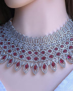 Ruby CZ Multi-Row Bib Choker, Marquise Drop Earring & Maang Tikka Bridal Set – Laali