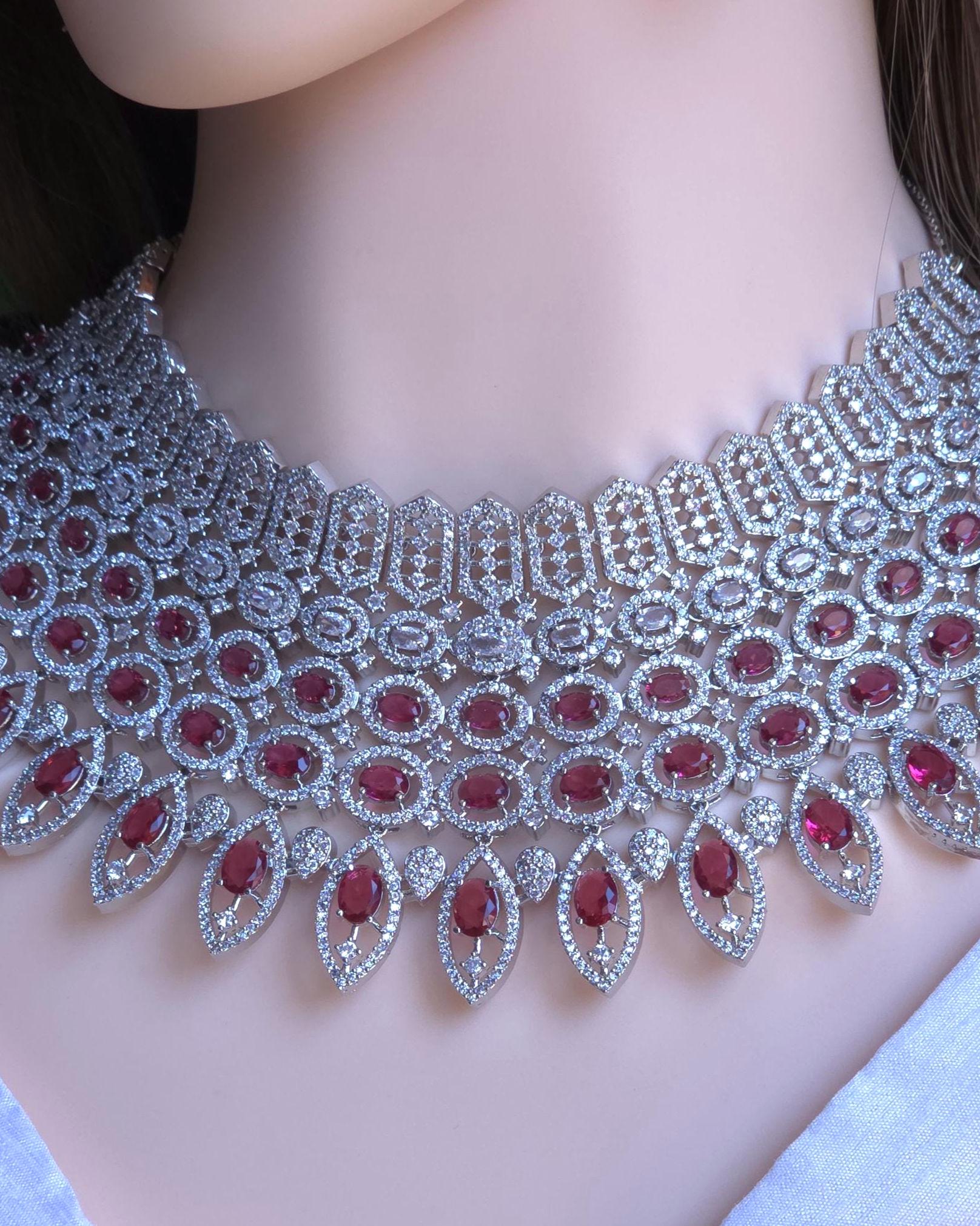 Ruby CZ Multi-Row Bib Choker, Marquise Drop Earring & Maang Tikka Bridal Set – Laali