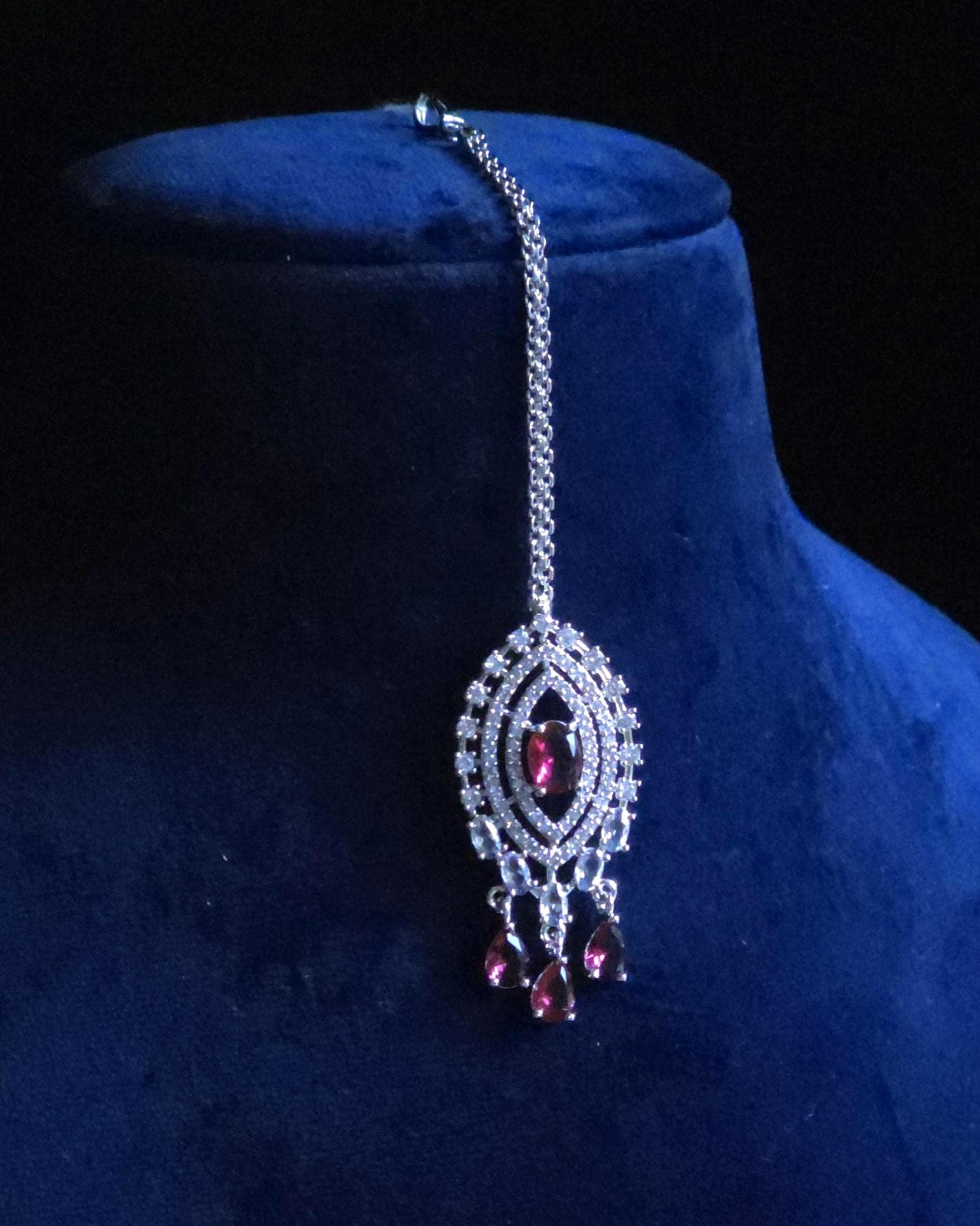 Ruby CZ Multi-Row Bib Choker, Marquise Drop Earring & Maang Tikka Bridal Set – Laali