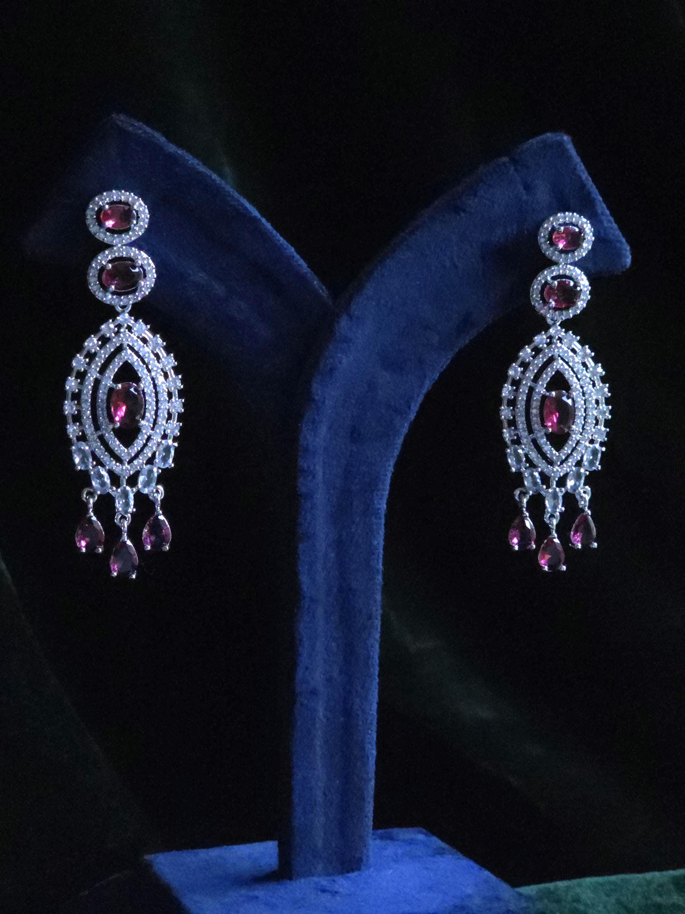 Ruby CZ Multi-Row Bib Choker, Marquise Drop Earring & Maang Tikka Bridal Set – Laali