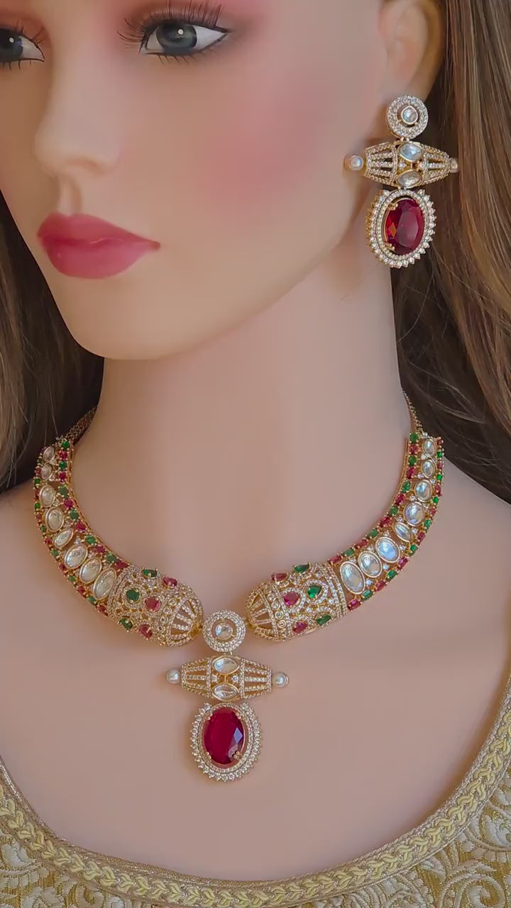 Red Moissanite Kundan Bridal Necklace Set, Indian Wedding Jewelry, Statement Lehenga Necklace, Pakistani Nikkah Reception Jewelry