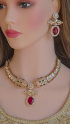 Red Moissanite Kundan Bridal Necklace Set, Indian Wedding Jewelry, Statement Lehenga Necklace, Pakistani Nikkah Reception Jewelry
