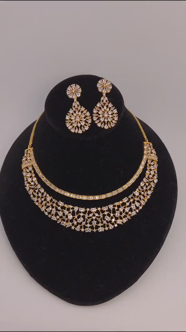 Gold Lattice CZ Necklace Set, Layered Bridal Chandelier Earrings, Wedding Lehenga Jewelry