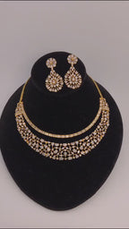 Gold Lattice CZ Necklace Set, Layered Bridal Chandelier Earrings, Wedding Lehenga Jewelry