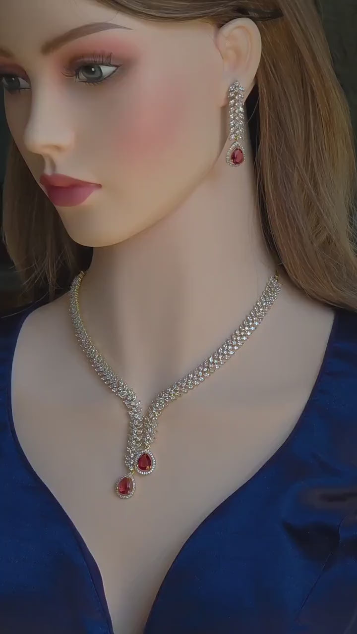 CZ Teardrop Necklace Set Red Blue Indian Wedding Jewelry Diya