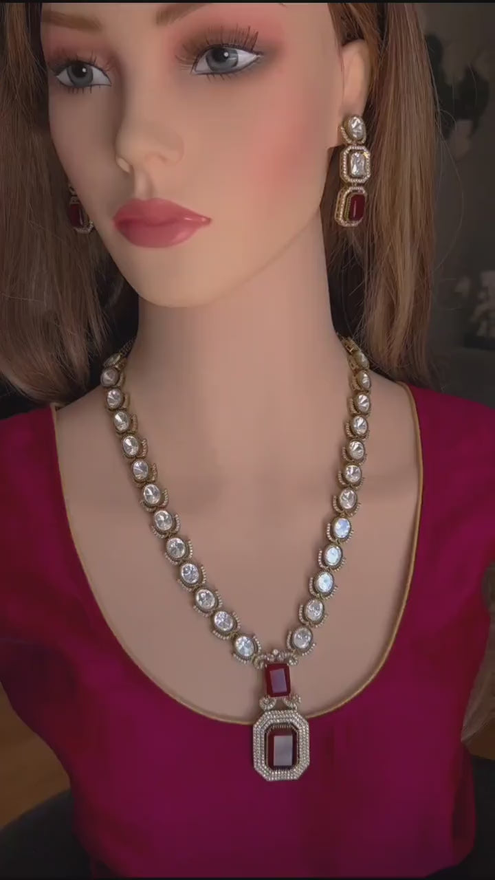 Emerald Cut Ruby Statement Necklace Set – Antique Champagne Finish Bridal Jewelry