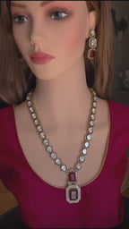 Emerald Cut Ruby Statement Necklace Set – Antique Champagne Finish Bridal Jewelry