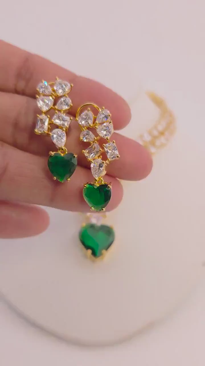 Emerald Heart Choker Necklace and Earring Set • Gold CZ Bridal Jewelry