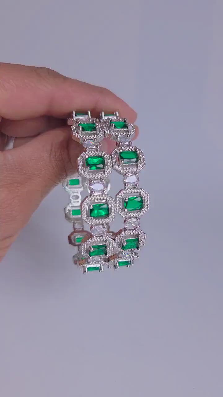 Green AD Statement Bangle Set, Emerald Cut Wedding Bangles, Indian Bracelet for Bridal & Festive Wear