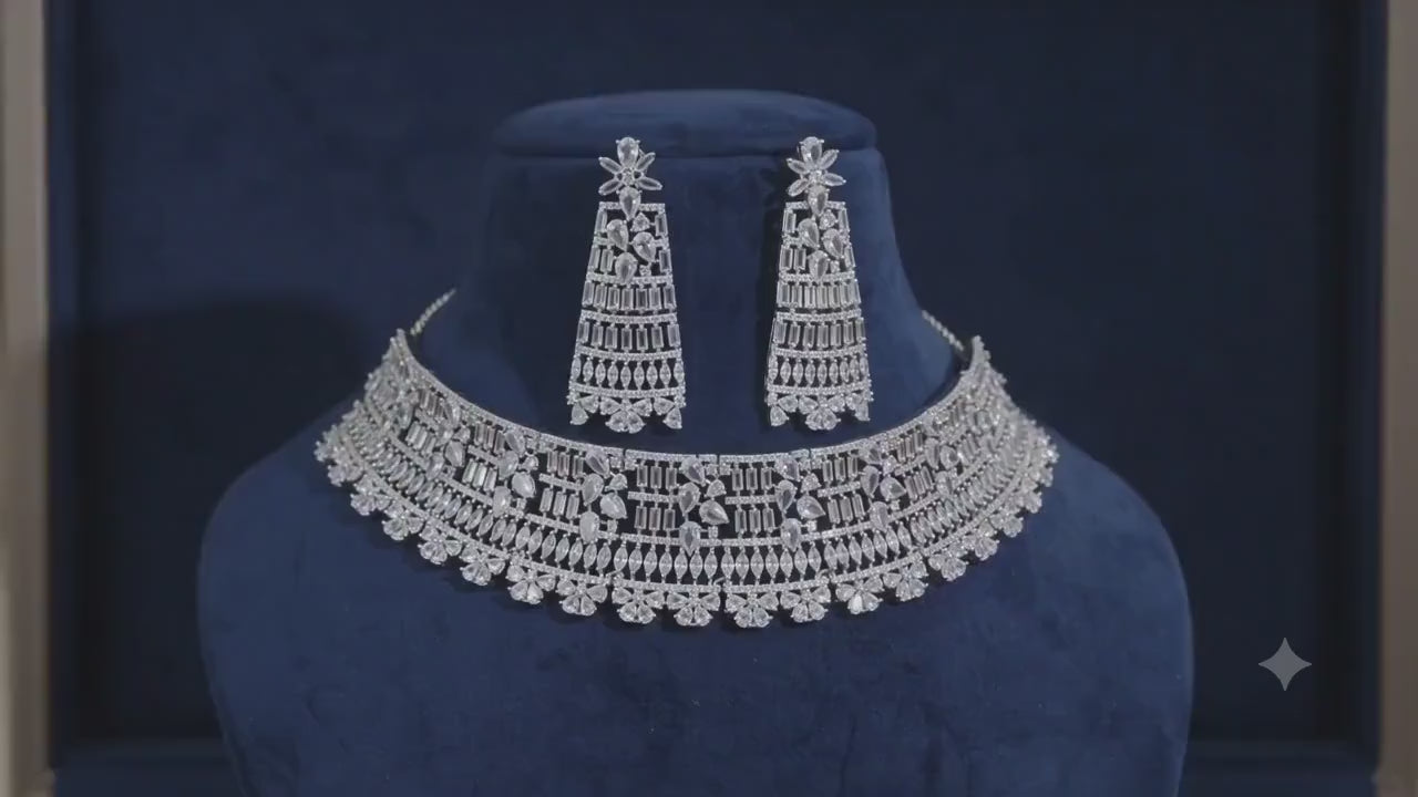 Luxury CZ Choker Necklace Set Rhodium Crystal Silver Statement Bridal Wedding Jewelry Zoya
