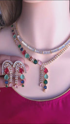 Navratna Style Bridal Jewelry Set, Multicolor CZ Choker Necklace Earrings