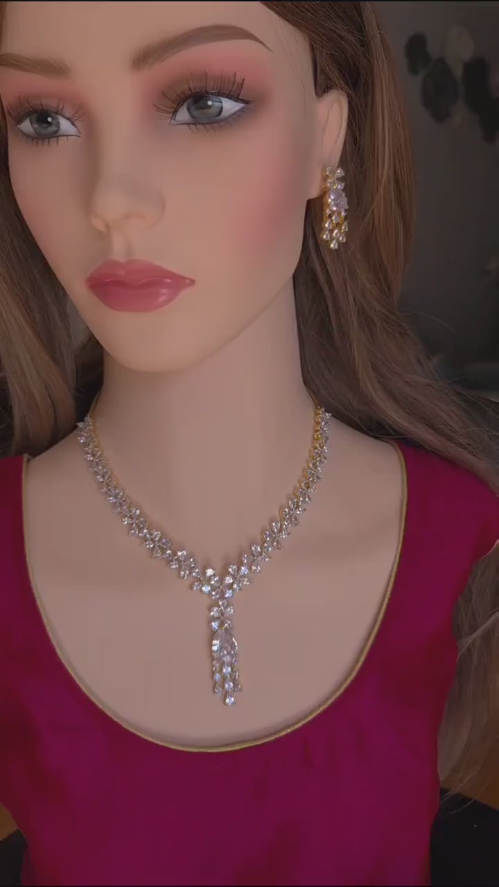 Gold Plated Floral CZ Bridal Necklace & Earrings Set – Indian Wedding Jewelry