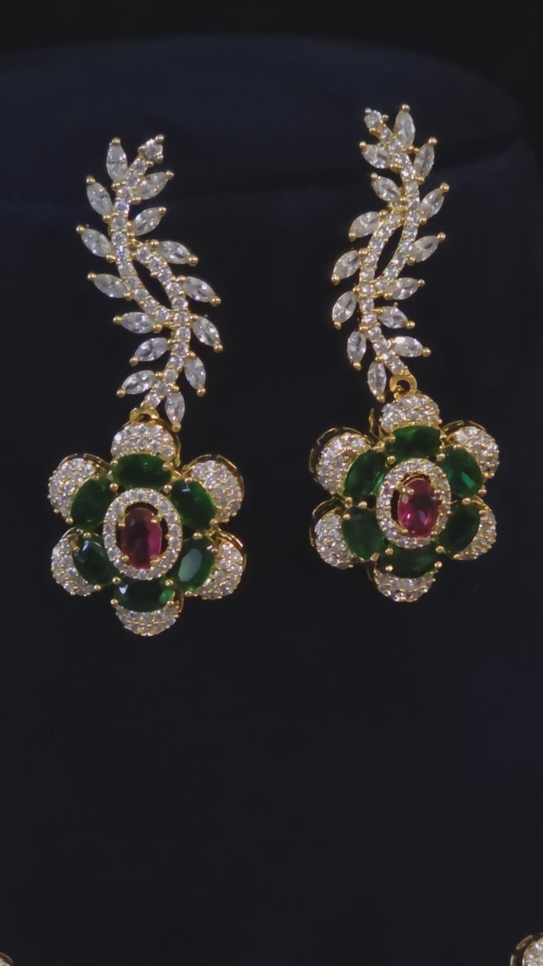 Gulbahar gold-plated multicolor floral CZ necklace and matching earrings in a jewelry styling video