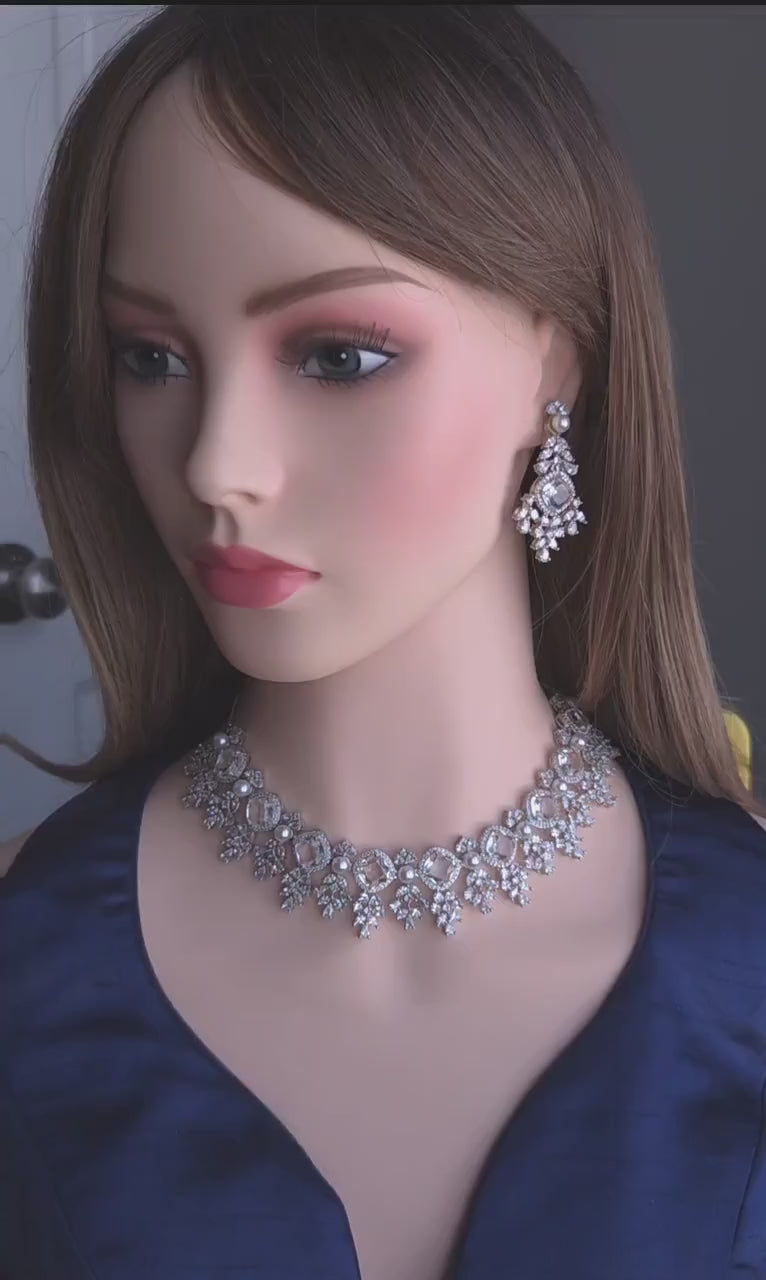 CZ Crystal & Pearl Bridal Necklace & Earrings Set – Silver Tone Wedding Jewelry