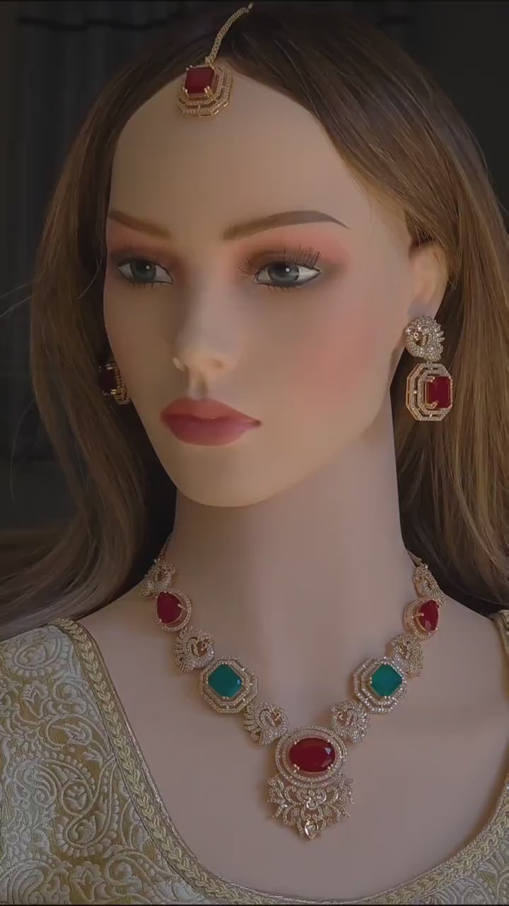 Kundan Ruby Emerald Bridal Jewelry Set, Moissanite CZ Necklace Earrings Maang Tikka Ring
