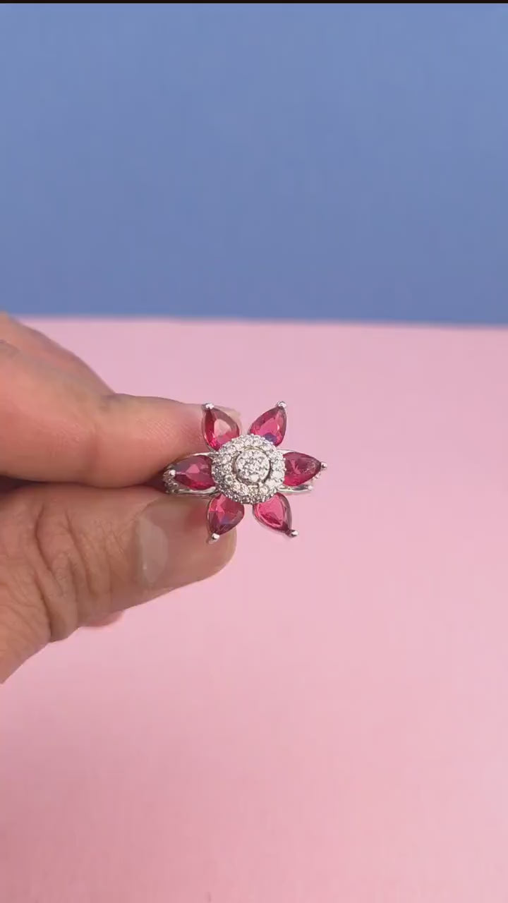 Adjustable Silver Plated Flower Ring, Cubic Zirconia Statement Cocktail Ring