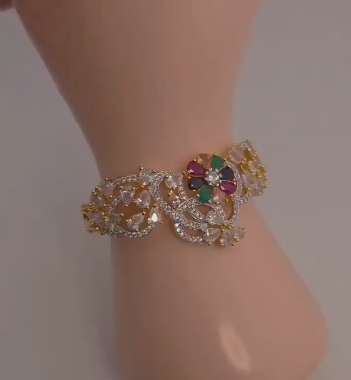 Multicolor Navratna CZ Bracelet | Gold Plated Statement Jewelry for Weddings