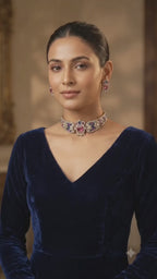 Mughal Polki CZ Wide-Band Choker & Stud Earring Set Shahana – ruby-pink emerald-cut center stone with sapphire and amethyst polki panels, baroque pearl clusters, and 18K gold-tone finish