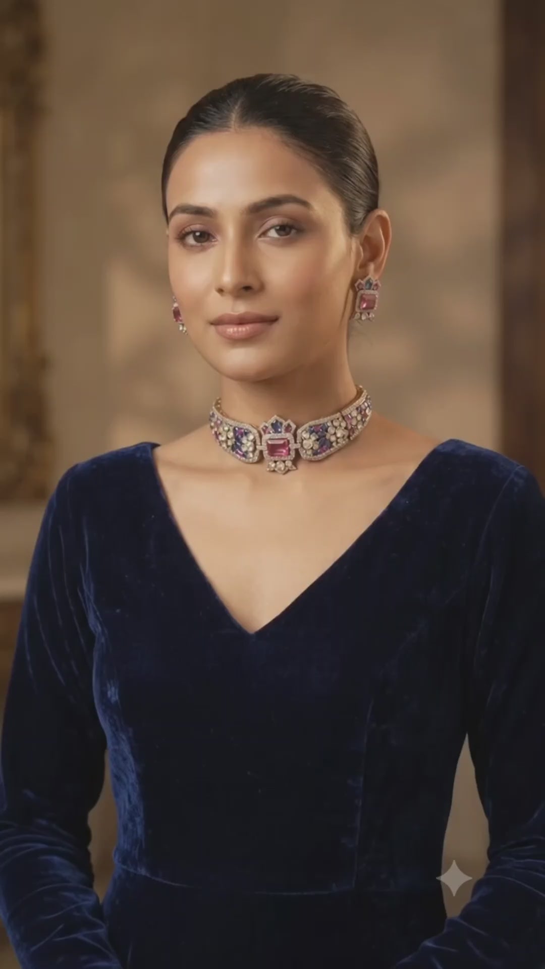 Mughal Polki CZ Wide-Band Choker & Stud Earring Set Shahana – ruby-pink emerald-cut center stone with sapphire and amethyst polki panels, baroque pearl clusters, and 18K gold-tone finish