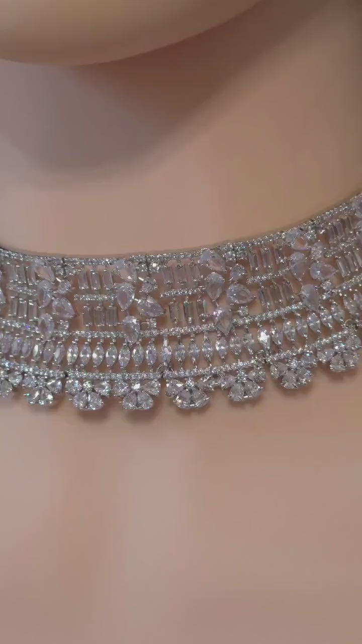 Luxury CZ Choker Necklace Set Rhodium Crystal Silver Statement Bridal Wedding Jewelry Zoya