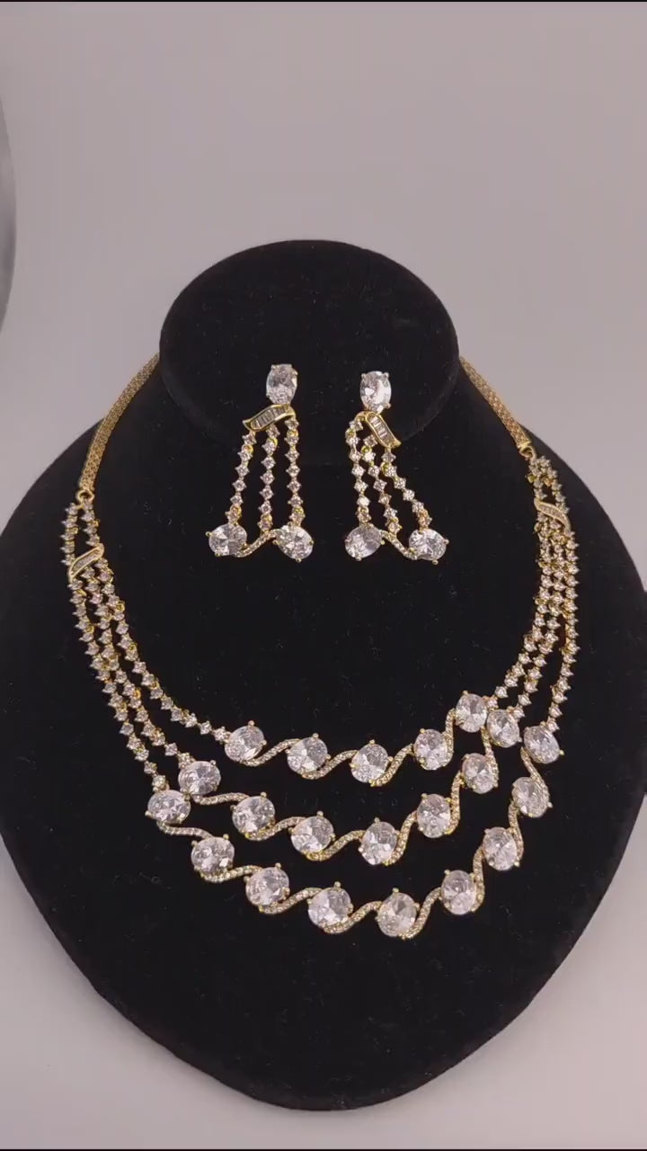 Three Layer Multicolor CZ Necklace Set Crystal Bridal Jewelry Meera