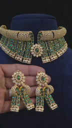 Green Bridal Choker Necklace Set Gold Plated CZ Indian Pakistani Wedding Jewelry Mehndi