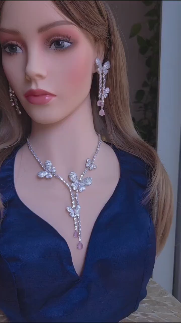 Pink Butterfly CZ Y-Necklace Set Drop Statement Jewelry Pari