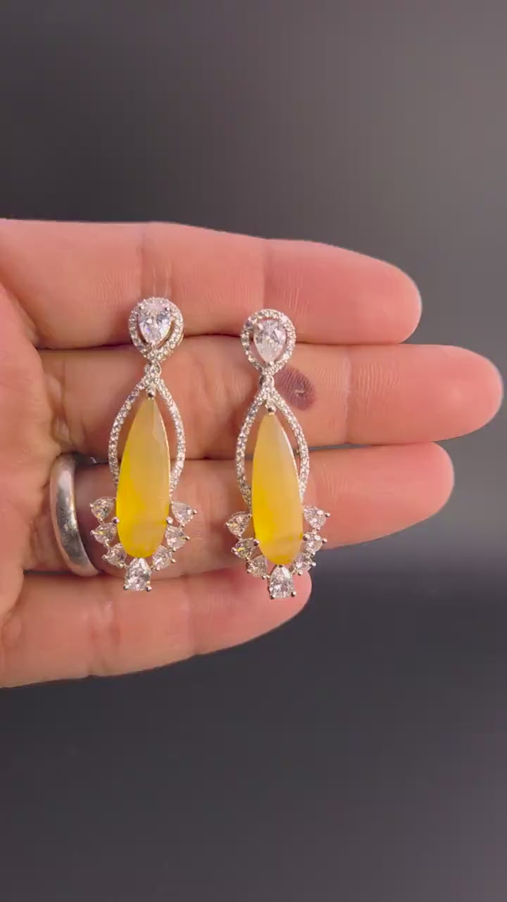 Marquise CZ Drop Statement Earrings, Silver Tone Brass, Bridal Party Wear