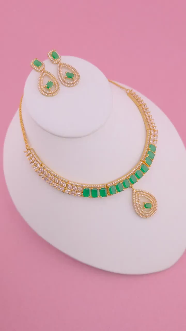 Emerald Green CZ Choker Necklace Set, Gold Plated Bridal Statement Jewelry