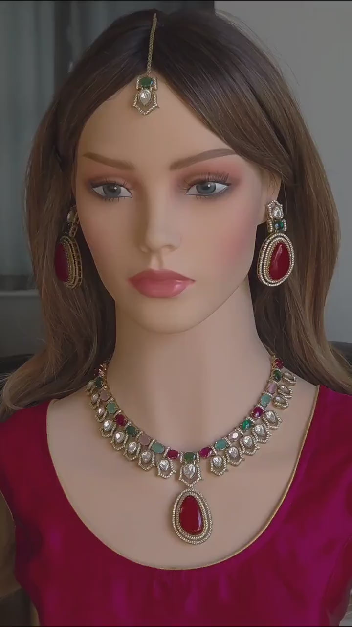 Moissanite Kundan Bridal Necklace Set, Indian Wedding Jewelry, Statement Lehenga Set, Pakistani Nikkah Reception Jewelry, Pink Red Bridal