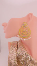 Gold Plated CZ Pearl Chandbali Earrings, Indian Bridal Statement Jewelry