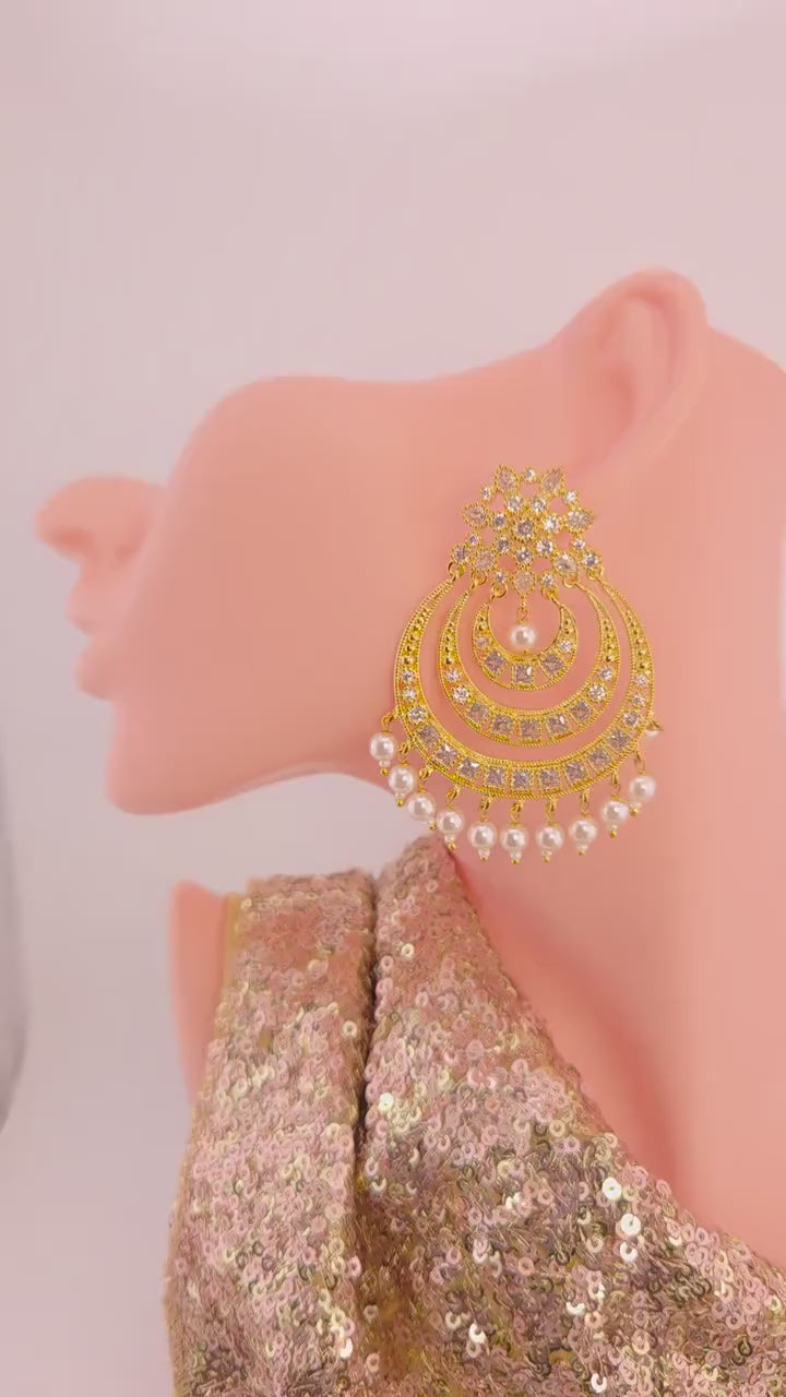 Gold Plated CZ Pearl Chandbali Earrings, Indian Bridal Statement Jewelry