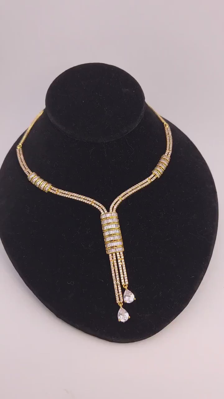 Gold Y-Drop CZ Bridal Necklace & Earrings Set – Indian Wedding Jewelry