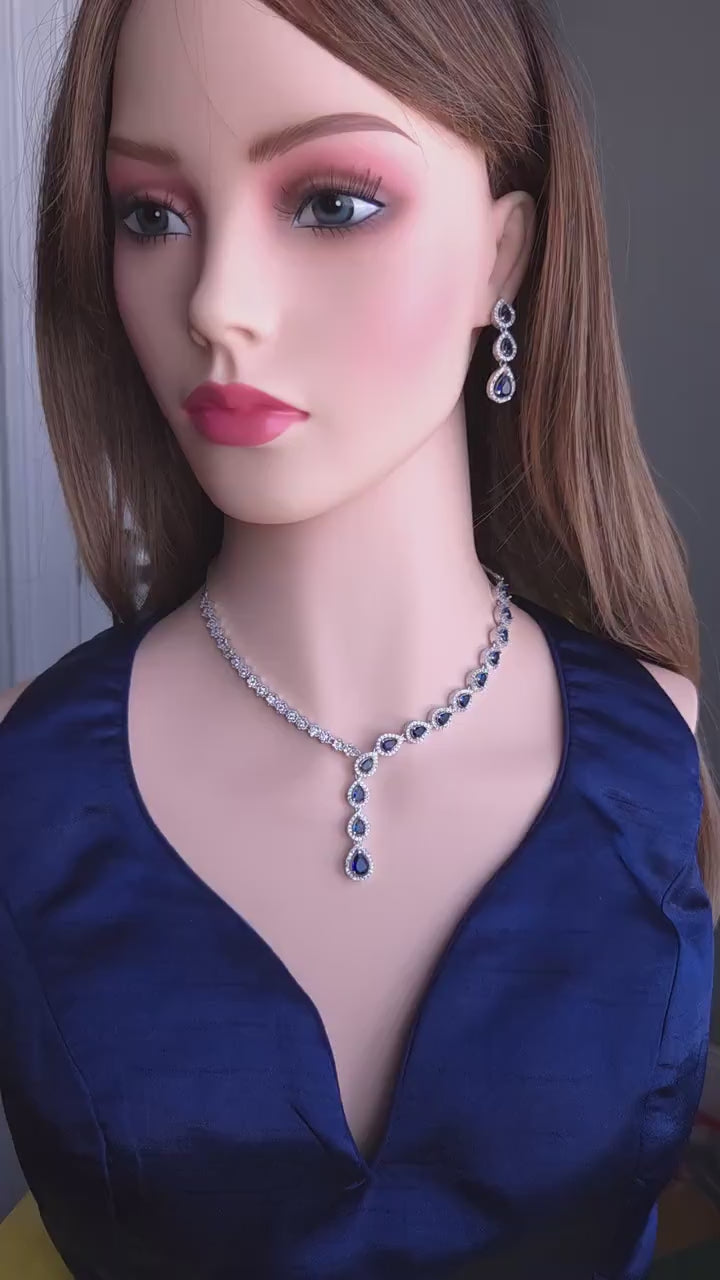 Teardrop CZ Y Necklace & Earring Set | Silver Plated | Silver, Blue & Yellow