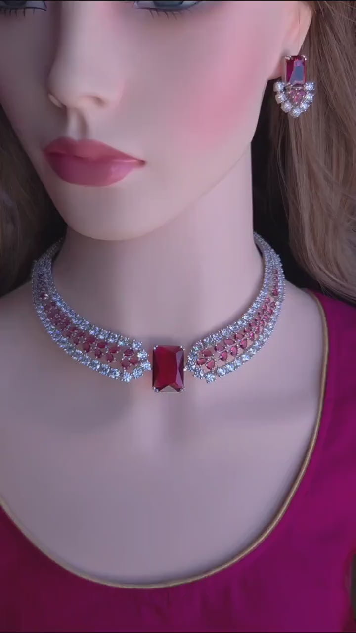 Ruby Red & Purple Emerald-Cut CZ Choker Necklace Set, Silver Bridal Statement Jewelry