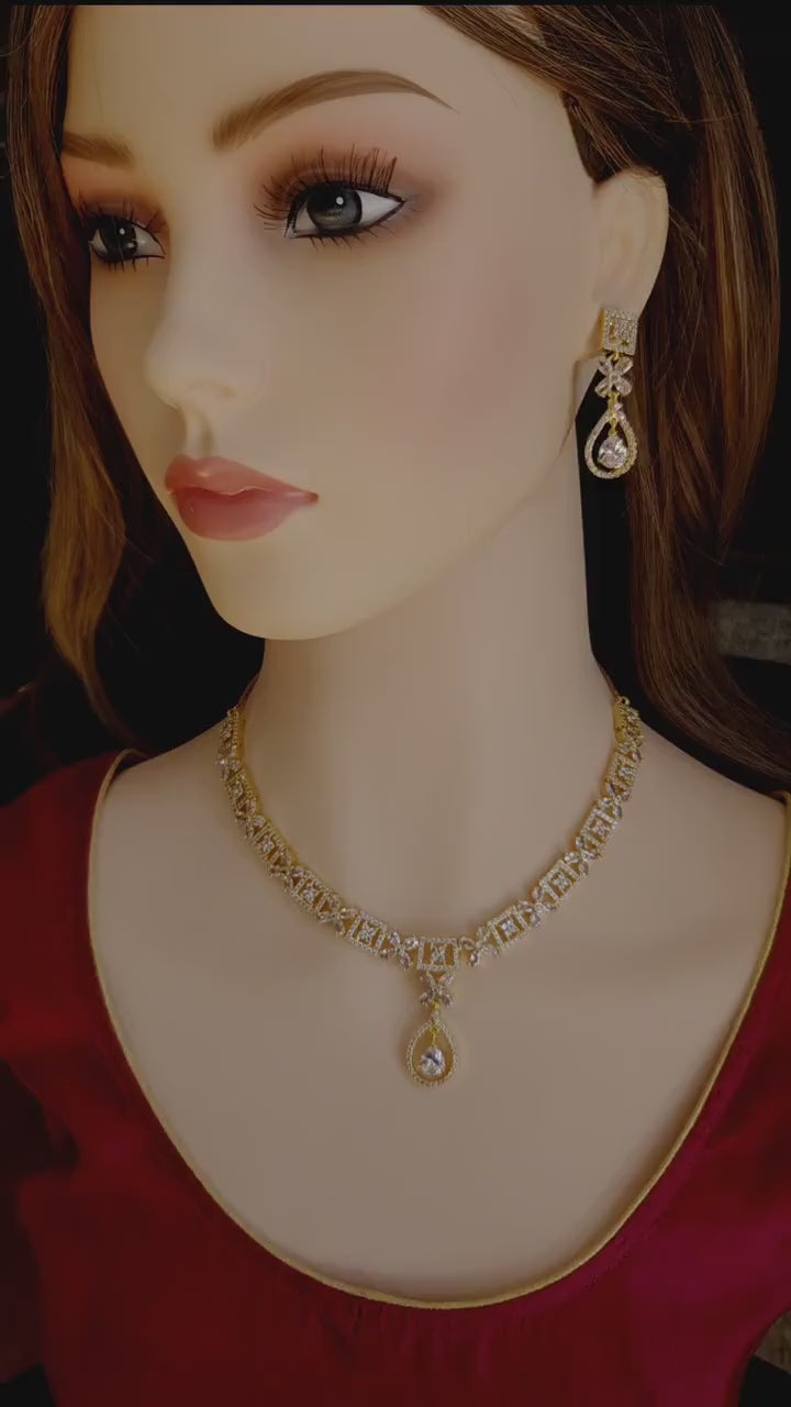 Gold Plated CZ Bridal Necklace & Earrings Set – Geometric Teardrop Pendant, Indian Wedding Jewelry