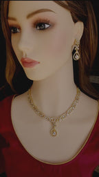 Gold Plated CZ Bridal Necklace & Earrings Set – Geometric Teardrop Pendant, Indian Wedding Jewelry