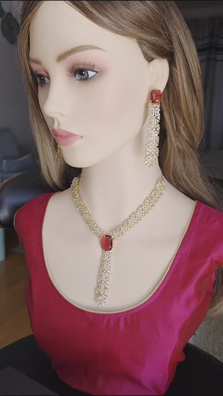 Ruby Red CZ V-Shape Long Pendant Necklace Set – Gold Plated Indian Bridal Jewelry