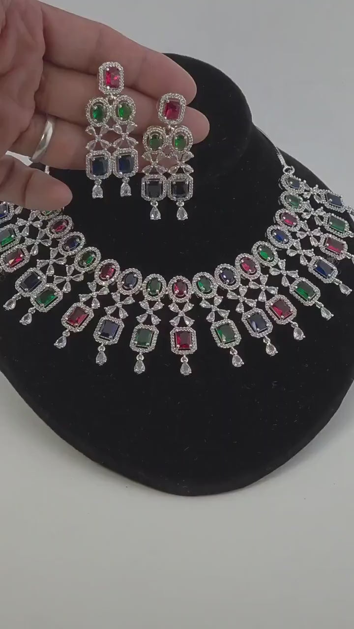 Multicolor CZ Bridal Necklace Set | Indian Pakistani Wedding Jewelry, Royal Blue Statement – Kavya
