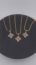 Four-Leaf Flower CZ Pendant Necklace – Red, Blue or Green, Gold Plated