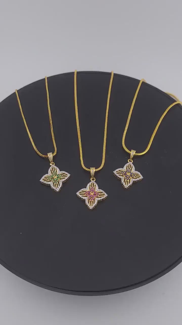 Four-Leaf Flower CZ Pendant Necklace – Red, Blue or Green, Gold Plated