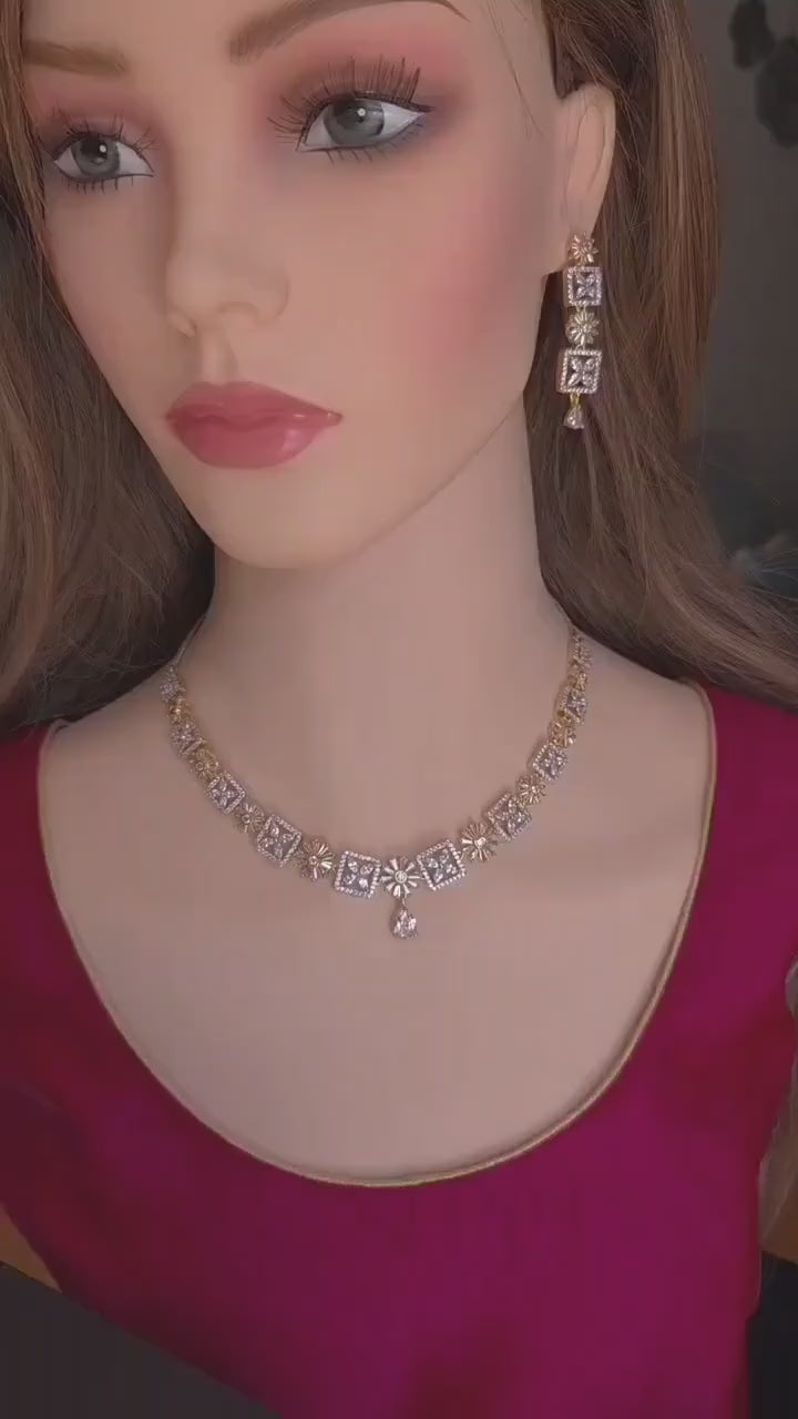 Square Floral CZ Necklace Set Gold Silver Two Tone Indian Bridal Wedding Jewelry Tara