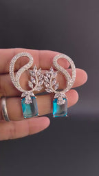 CZ Leaf Statement Drop Earrings – Clear Gold or Blue Silver Plated | Wedding Jewelry