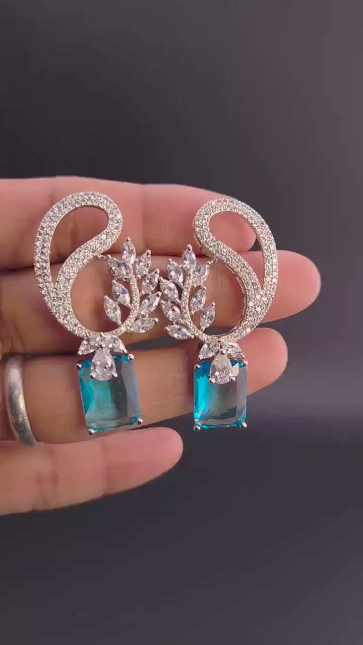 CZ Leaf Statement Drop Earrings – Clear Gold or Blue Silver Plated | Wedding Jewelry