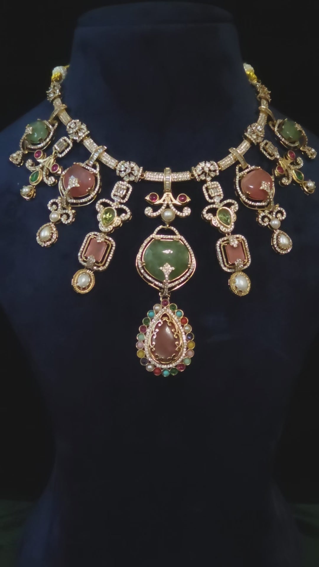 Multicolor Heritage Statement Necklace & Earrings Set Padmini – heritage bridal jewelry featuring jade green centerpiece, pink moonstone drops, pearl accents, and navratna-inspired multicolor gemstone teardrop pendant