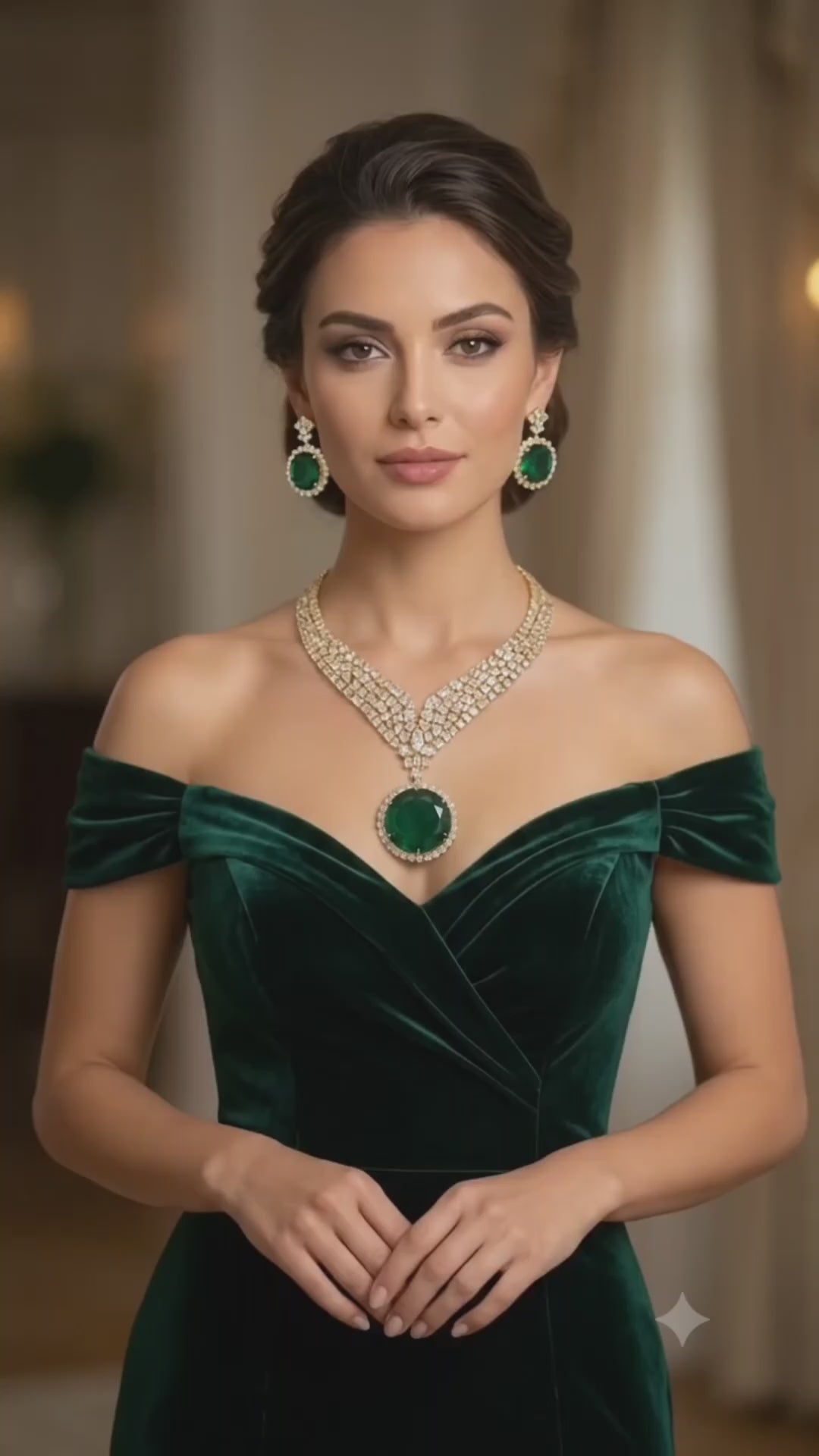 Polki V-Collar Necklace & Emerald CZ Round Drop Earring Set Inara – multi-cut white CZ V-collar with large round deep emerald green CZ pendant and matching halo drop earrings in gold finish